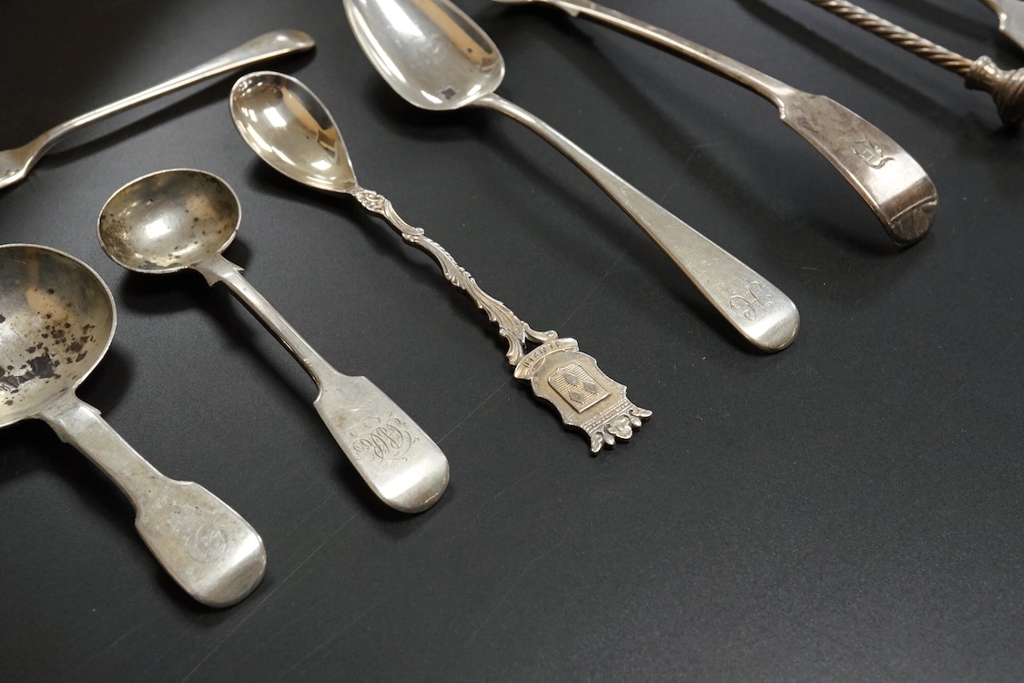 A quantity of assorted mainly 19th century flatware, various patterns, dates and makers including a set of six George III fiddle pattern table spoons by Eley, Fearn & Chawner, London, 1809, six silver fiddle pattern tabl